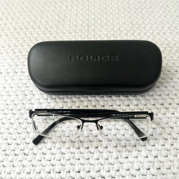 Police Italy Black Metal Half Exposed Frame Rectangular Eyeglasses Case V2906 - Picture 9 of 10